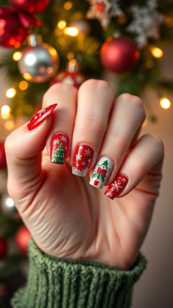 Festive Christmas Nail Art Ideas Festive Christmas nail art with red and green colors, snowflakes, and Christmas tree designs.